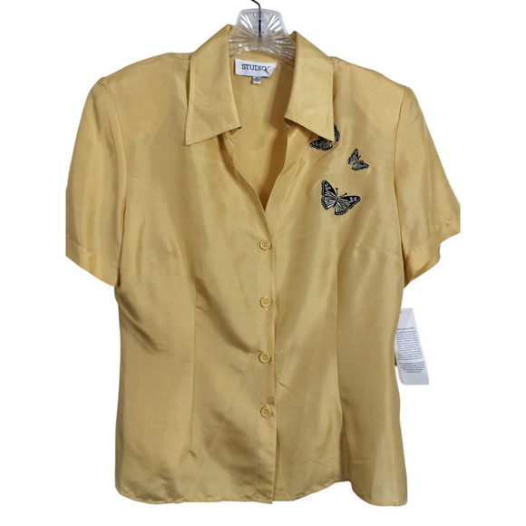 3202) Studio I Silk Yellow Black Butterfly Embroidery Cropped Pants Set Size 10 - Picture 2 of 9